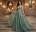 Sage green luxury evening gown with floral glitter details and corset