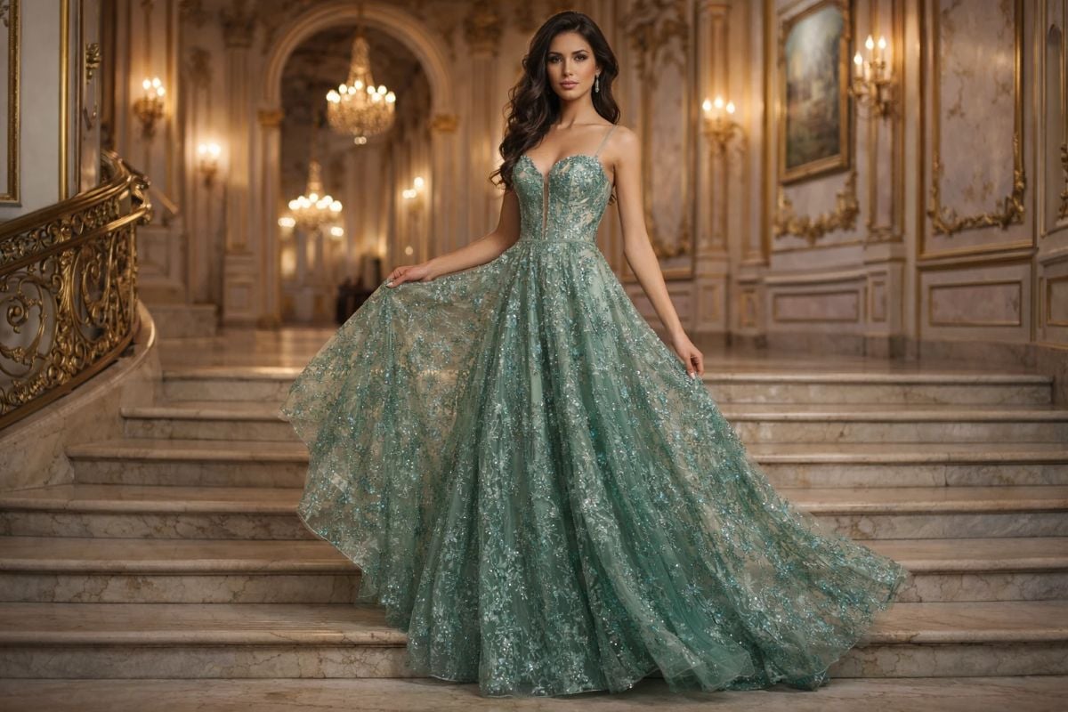Sage green luxury evening gown with floral glitter details and corset