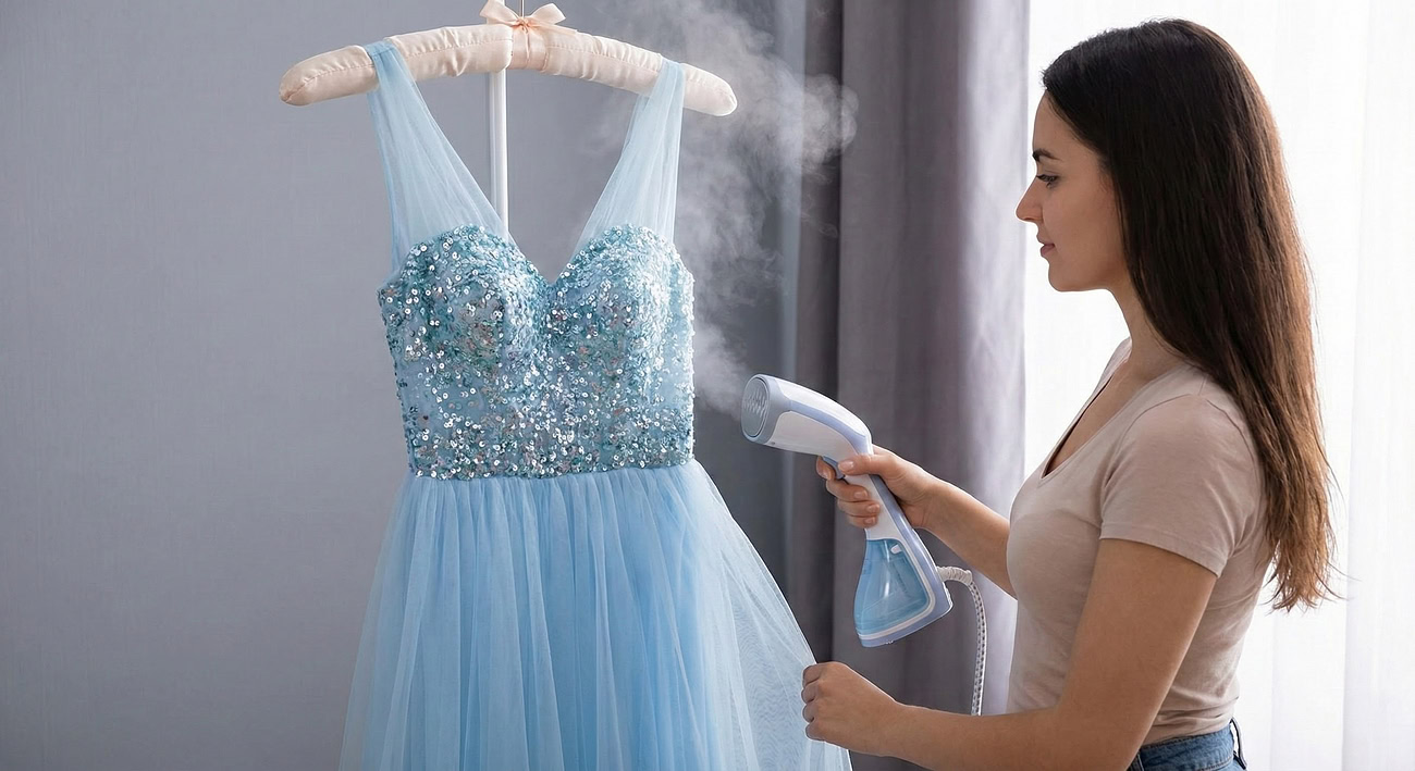 Steaming a dress with a handheld steamer