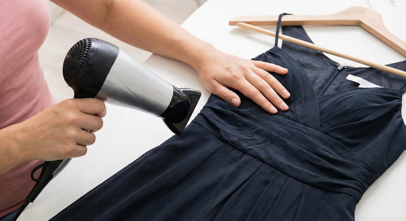 Someone using a hair dryer to remove wrinkles from a dress