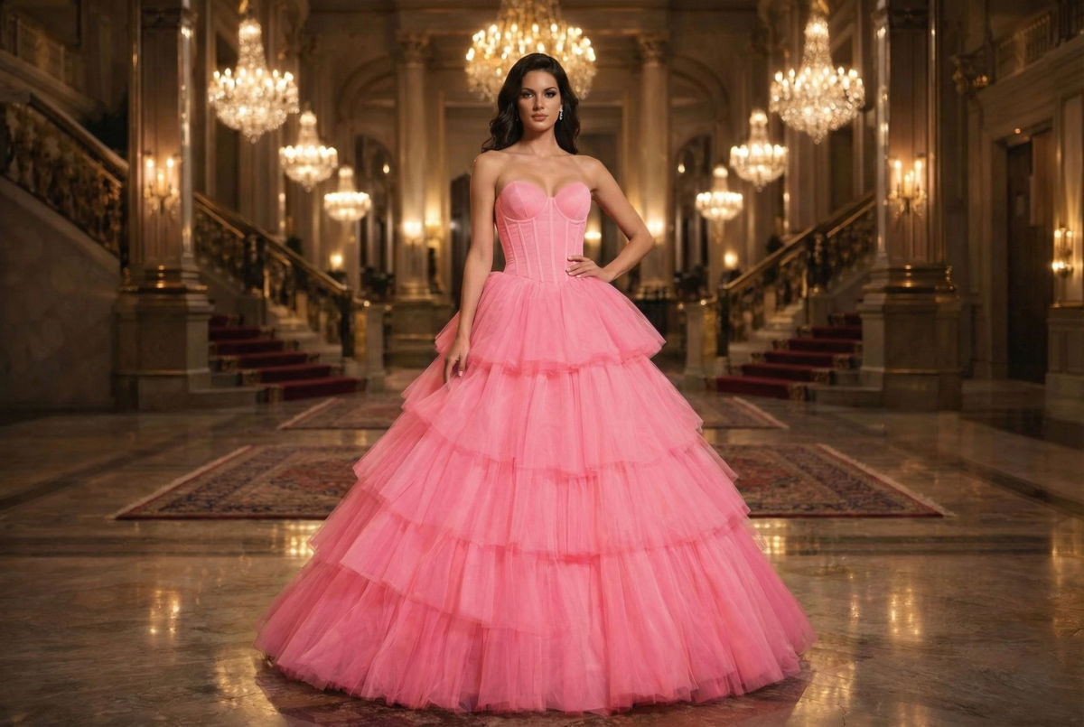 Woman standing in a grand ballroom wearing a voluminous pink tulle ball gown with tiered layers.