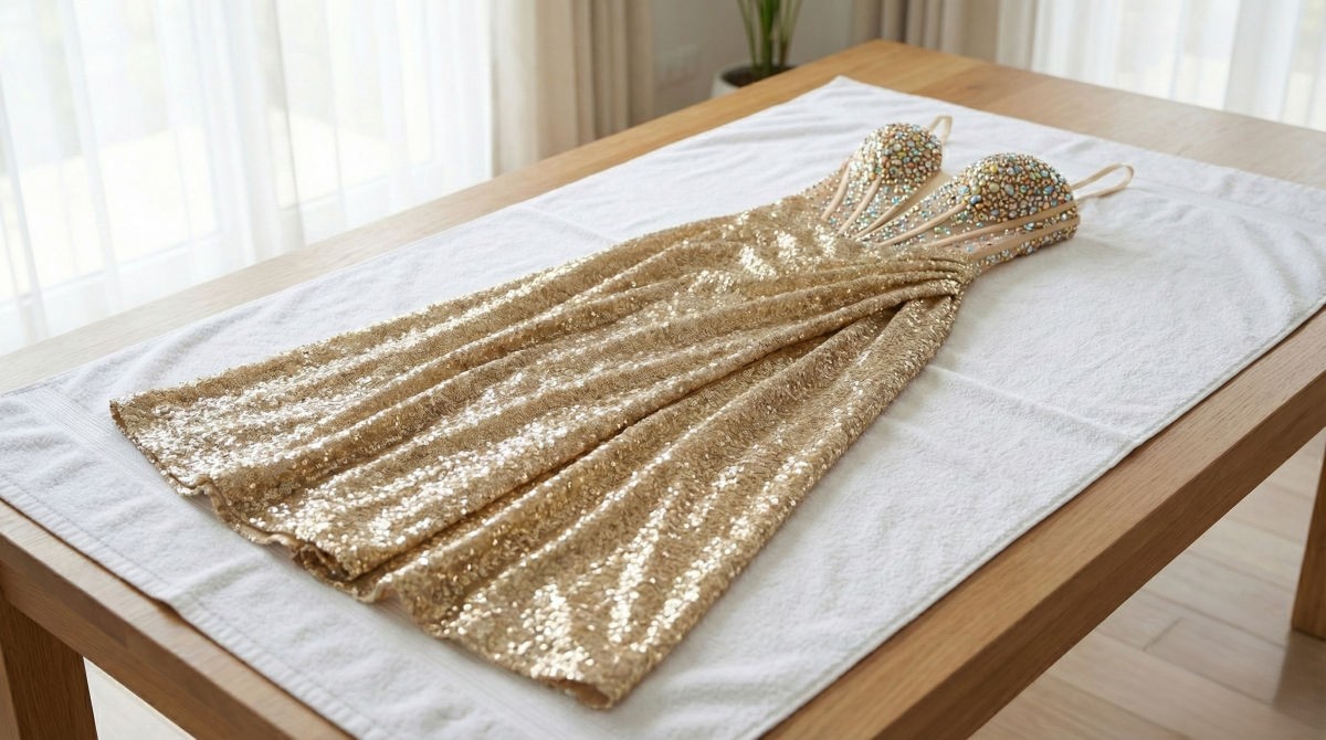 Gold sequin Jovani prom dress laid flat on a clean white towel to air dry safely and prevent stretching.