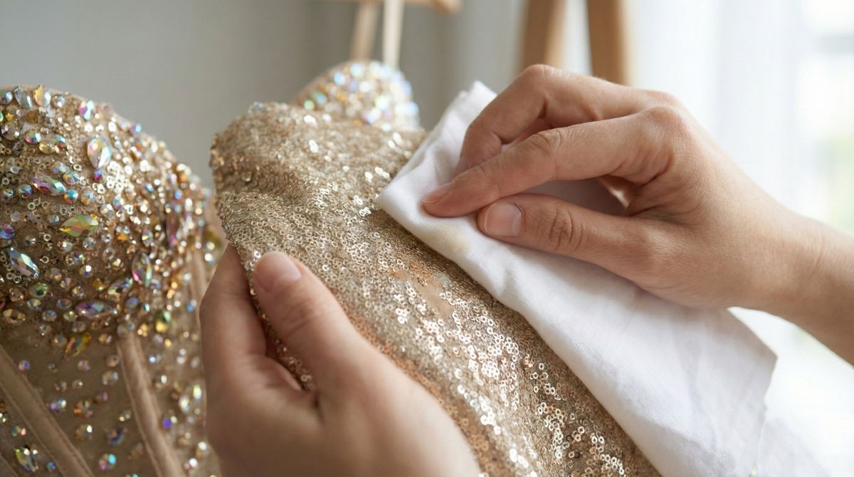 Close-up of hands gently dabbing a small stain on a sequin Jovani prom dress with a clean white cloth to remove marks without damaging the fabric.