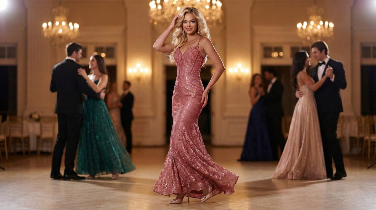 Model wearing a fitted rose gold sequin mermaid prom dress posing in a ballroom with couples dancing in the background.