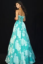 Floral embroidered strapless ball gown with flowing skirt and sheer bodice