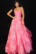 Elegant floral pattern strapless dress with corset details and voluminous skirt