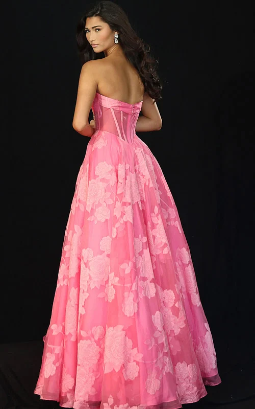 Romantic floral embroidered long gown with strapless bodice and flared hem