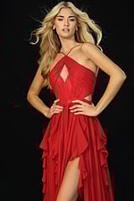 Close-up of halter neckline gown with front keyhole and shimmer fabric