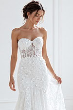 ivory floral lace strapless fit and flare wedding dress with sweetheart neckline and sheer corset bodice, front view, Jovani Bridal style JB02836