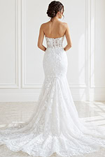 ivory floral lace strapless fit and flare wedding dress with sweetheart neckline and sheer corset bodice, front view, Jovani Bridal style JB02836