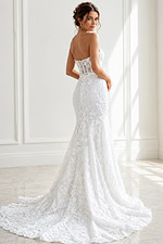 ivory floral lace strapless fit and flare wedding dress with sweetheart neckline and sheer corset bodice, front view, Jovani Bridal style JB02836