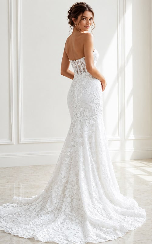 ivory floral lace strapless fit and flare wedding dress with sweetheart neckline and sheer corset bodice, front view, Jovani Bridal style JB02836