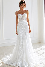 ivory floral lace strapless fit and flare wedding dress with sweetheart neckline and sheer corset bodice, front view, Jovani Bridal style JB02836