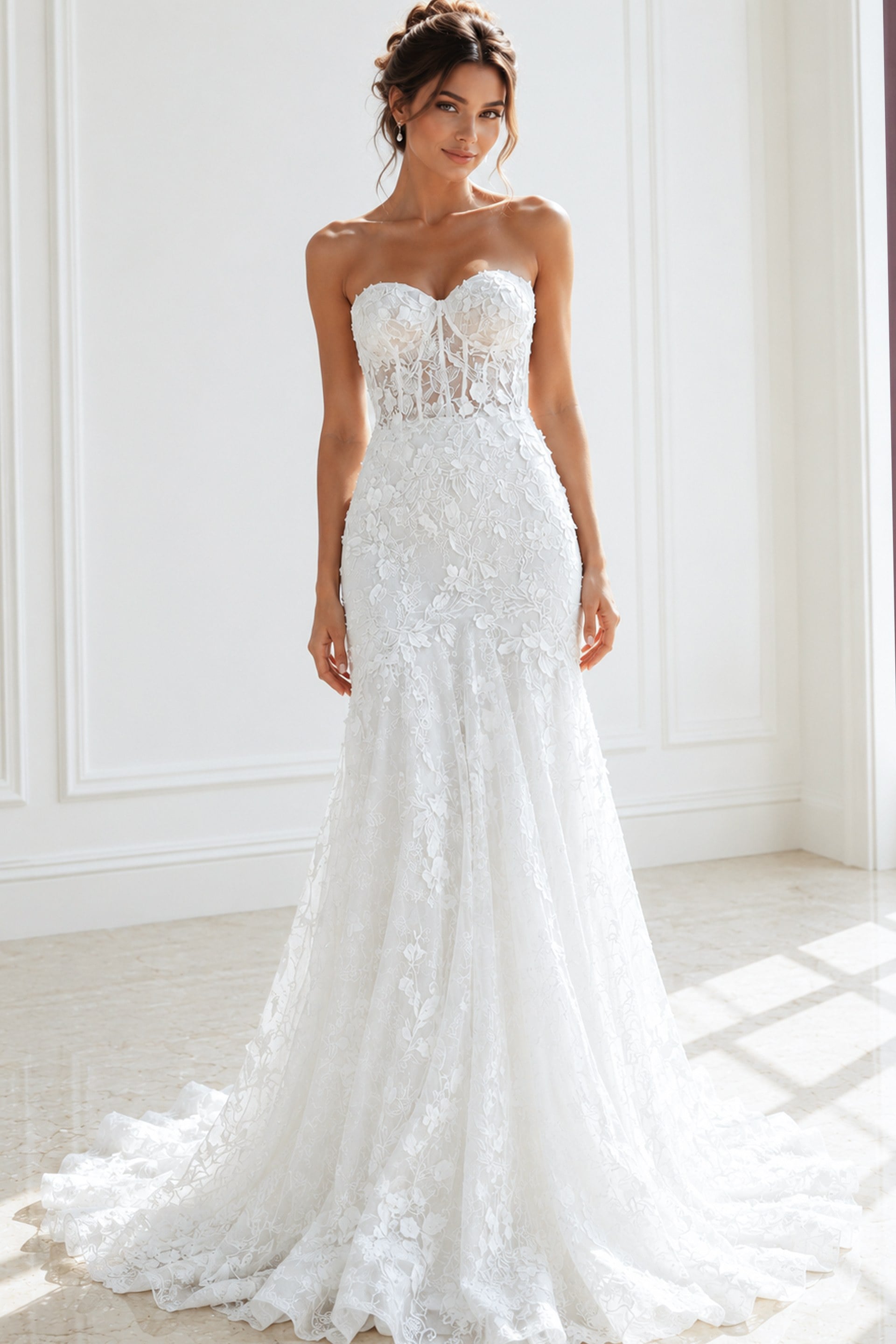 JB02836-29 ivory floral lace strapless fit and flare wedding dress with sweetheart neckline and sheer corset bodice, front view, Jovani Bridal style JB02836