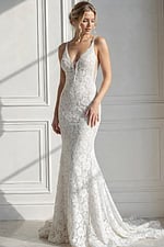 ivory floral lace fitted mermaid wedding dress with plunging V neckline and beaded straps, front view, Jovani Bridal style JB03864