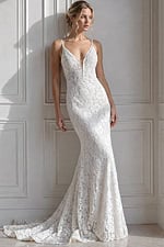 ivory floral lace fitted mermaid wedding dress with plunging V neckline and beaded straps, front view, Jovani Bridal style JB03864