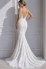 ivory floral lace fitted mermaid wedding dress with plunging V neckline and beaded straps, front view, Jovani Bridal style JB03864