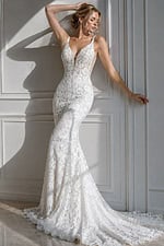 ivory floral lace fitted mermaid wedding dress with plunging V neckline and beaded straps, front view, Jovani Bridal style JB03864