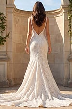 Back view of long lace bridal gown with low V back and dramatic train