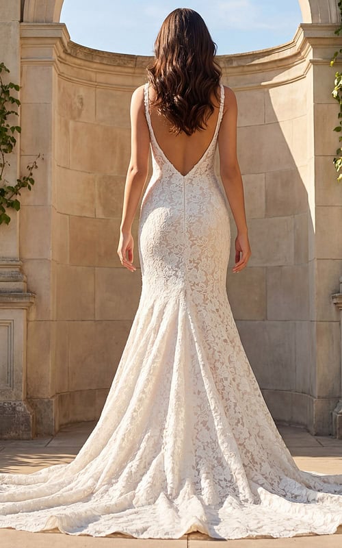 Back view of long lace bridal gown with low V back and dramatic train
