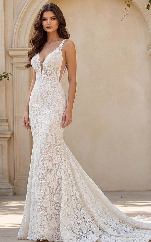 Lace mermaid wedding dress with deep V neckline and open back