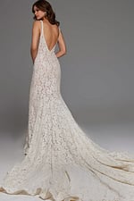 Back view of the Jovani JB03864 ivory dress, highlighting the elegant train.