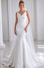 ivory satin sleeveless fit and flare wedding dress with draped cowl neckline and tulle cape train, front view, Jovani Bridal style JB03910