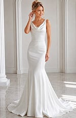 ivory satin sleeveless fit and flare wedding dress with draped cowl neckline and tulle cape train, front view, Jovani Bridal style JB03910