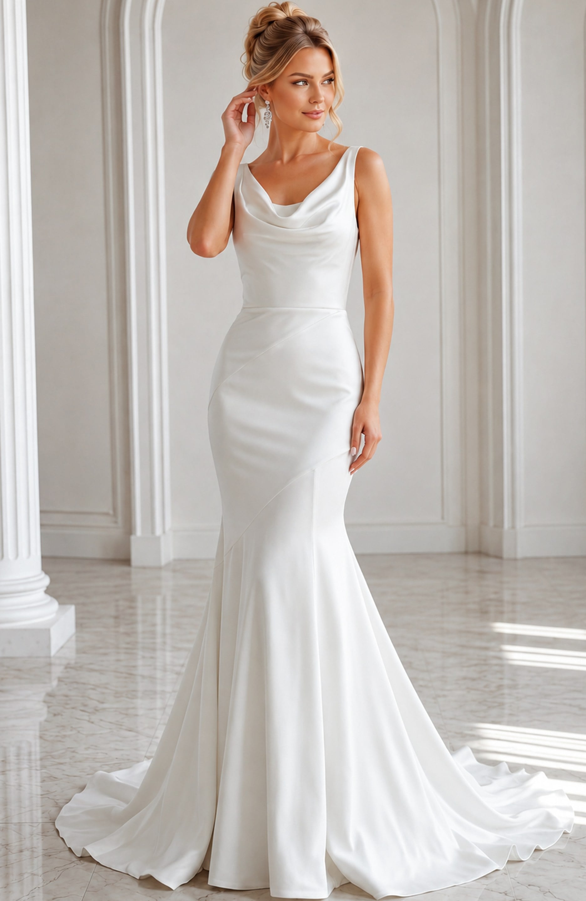 JB03910-31 ivory satin sleeveless fit and flare wedding dress with draped cowl neckline and tulle cape train, front view, Jovani Bridal style JB03910