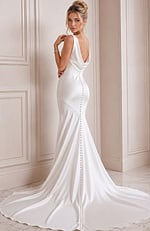 ivory satin sleeveless fit and flare wedding dress with draped cowl neckline and tulle cape train, front view, Jovani Bridal style JB03910