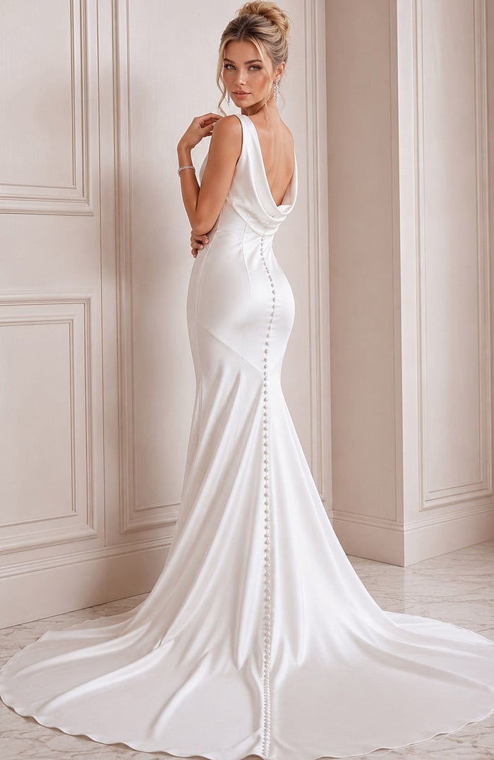 ivory satin sleeveless fit and flare wedding dress with draped cowl neckline and tulle cape train, front view, Jovani Bridal style JB03910