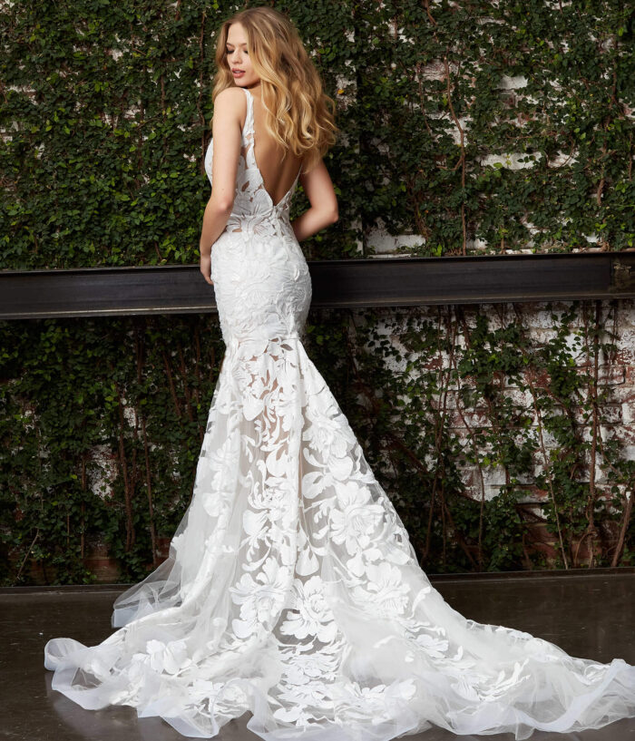 Back view of Jovani JB04192 white gown showing open back design