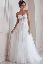 ivory strapless A-line wedding dress with sweetheart neckline, sheer lace corset bodice and soft tulle skirt, front view, Jovani Bridal style JB05361