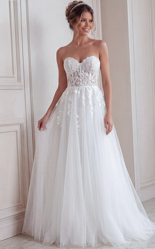 ivory strapless A-line wedding dress with sweetheart neckline, sheer lace corset bodice and soft tulle skirt, front view, Jovani Bridal style JB05361