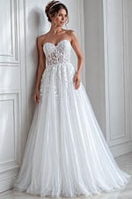 ivory strapless A-line wedding dress with sweetheart neckline, sheer lace corset bodice and soft tulle skirt, front view, Jovani Bridal style JB05361