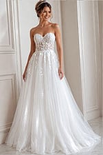 ivory strapless A-line wedding dress with sweetheart neckline, sheer lace corset bodice and soft tulle skirt, front view, Jovani Bridal style JB05361