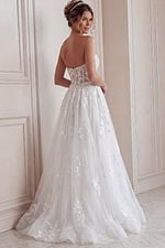 ivory strapless A-line wedding dress with sweetheart neckline, sheer lace corset bodice and soft tulle skirt, front view, Jovani Bridal style JB05361