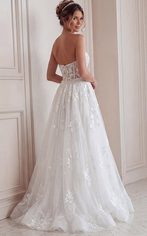 ivory strapless A-line wedding dress with sweetheart neckline, sheer lace corset bodice and soft tulle skirt, front view, Jovani Bridal style JB05361