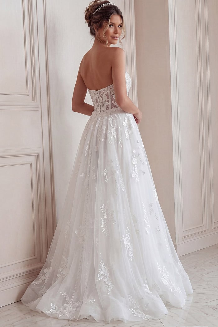 ivory strapless A-line wedding dress with sweetheart neckline, sheer lace corset bodice and soft tulle skirt, front view, Jovani Bridal style JB05361