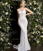 Model showcasing Jovani JB06666 white dress with flattering fit, front view