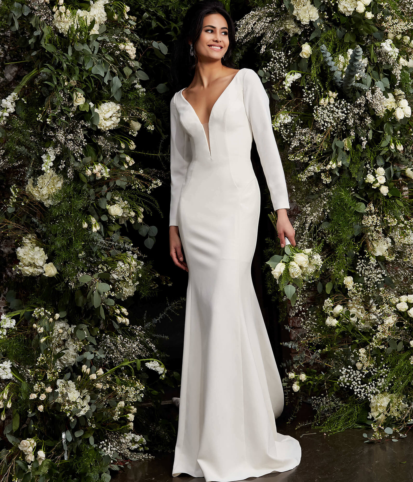 Jovani JB06911 Ivory Plunging Neck Long Sleeve Wedding Dress