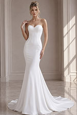 ivory satin strapless fit and flare wedding dress with sweetheart neckline and sweep train, front view, Jovani Bridal style JB06912