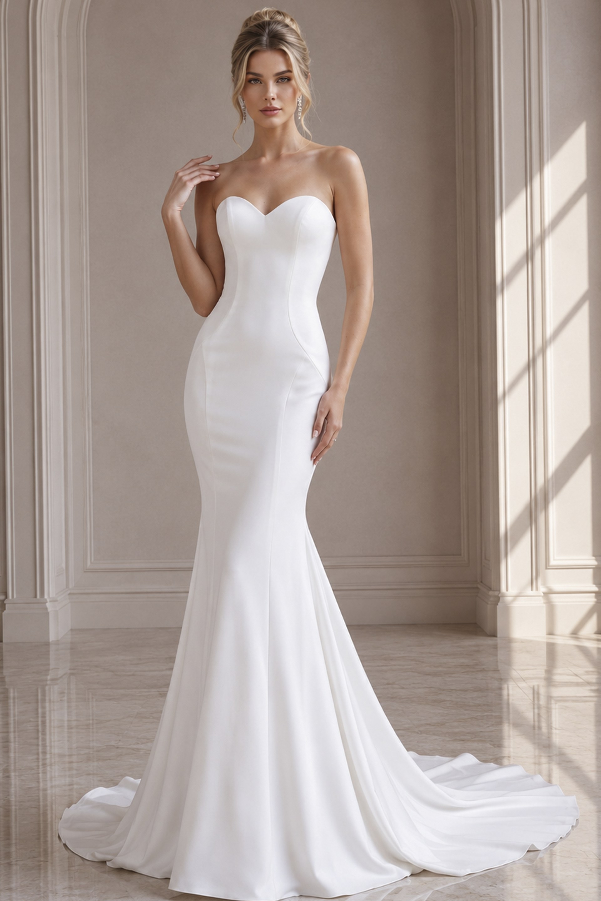 JB06912-1 ivory satin strapless fit and flare wedding dress with sweetheart neckline and sweep train, front view, Jovani Bridal style JB06912