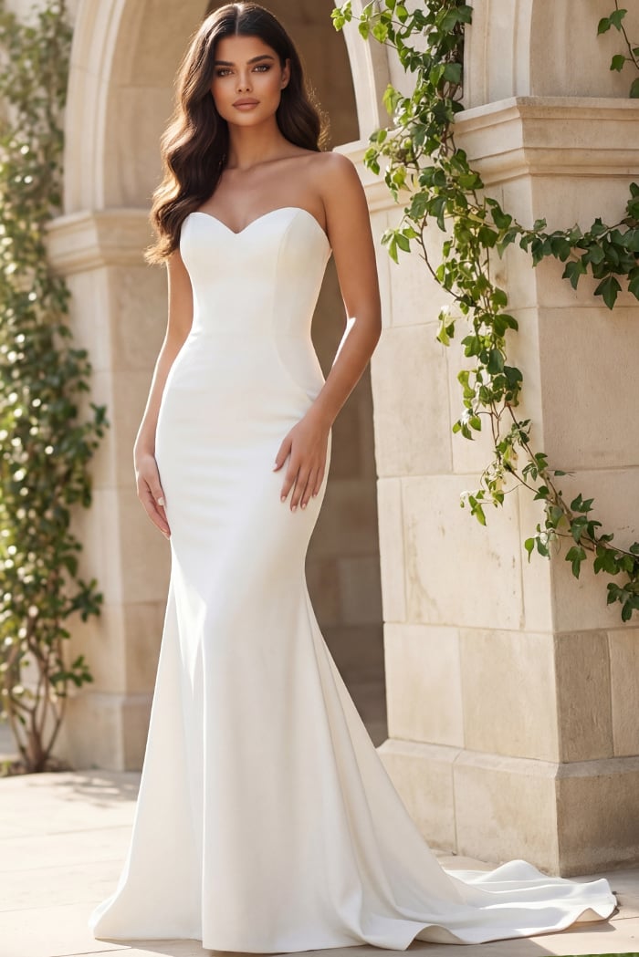 JB06912 -h-1 Strapless sweetheart fitted gown with smooth satin finish and small train.