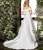 Back view of Jovani JB07134 ivory A-line gown showing covered buttons and elegant train.