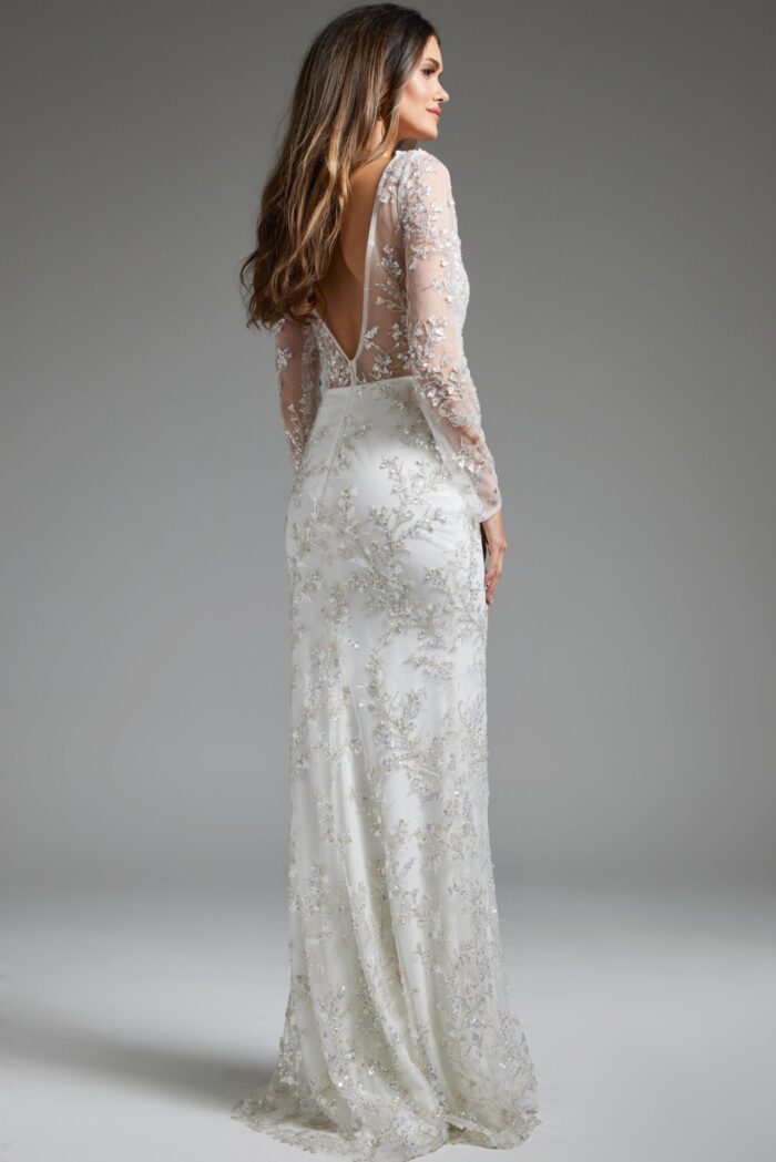 Elegant detail of Jovani JB07376 dress back with sheer sleeves and beaded embroidery.