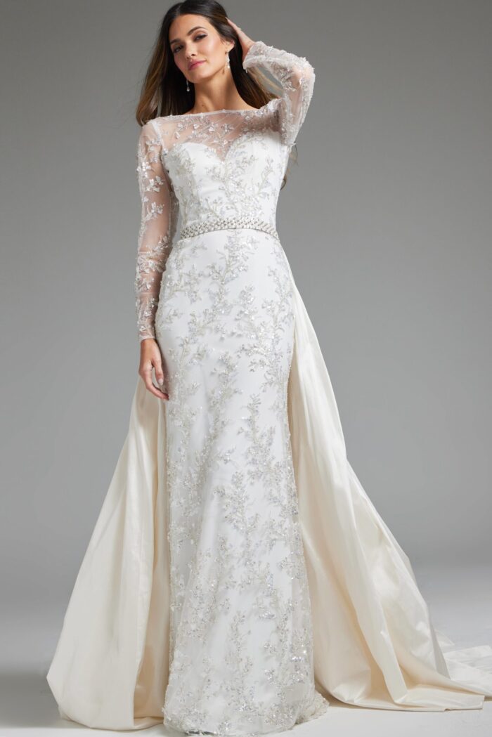 Front view of Jovani JB07376 gown showing full-length profile and intricate detailing.