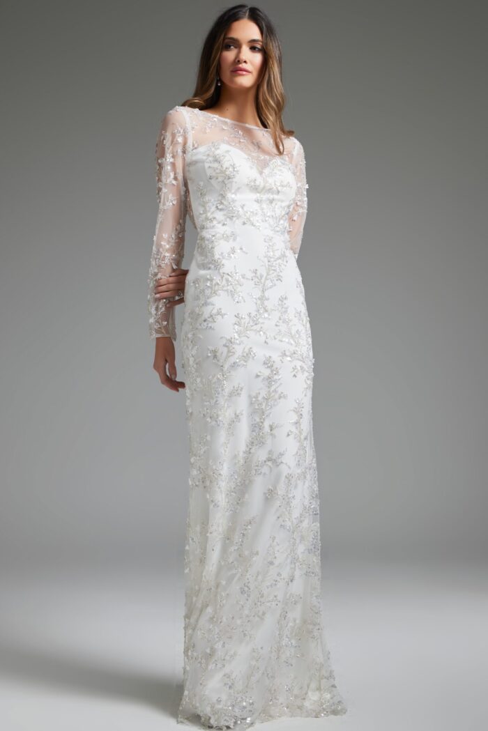 Close-up of Jovani JB07376 white gown featuring illusion neckline and detailed beading.