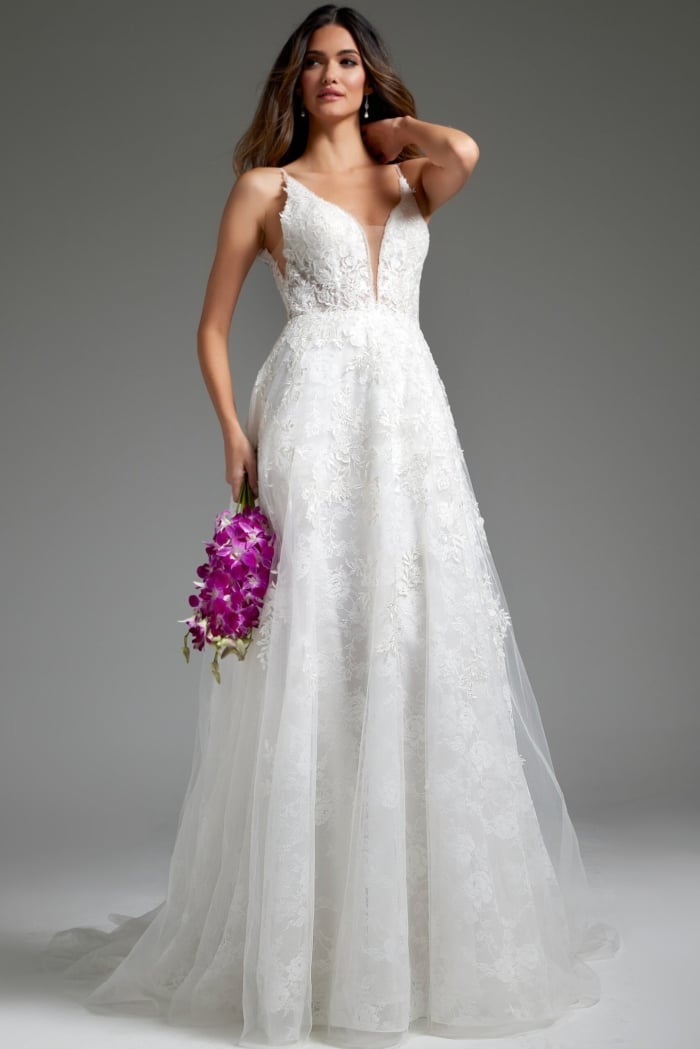 Model showcasing back of Jovani JB07147 ivory dress.