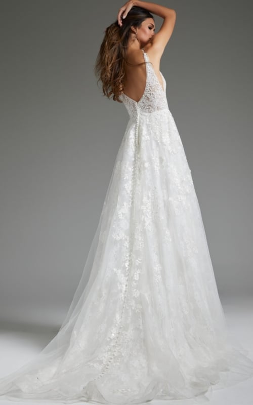 Jovani JB07147 ivory gown front view with deep neckline.